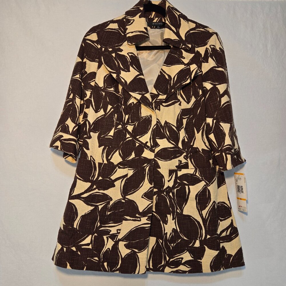 TWEE Artistic & Maximalist Leaf Tweed 3/4 Sleeve Mid-Length Coat Jacket Women S